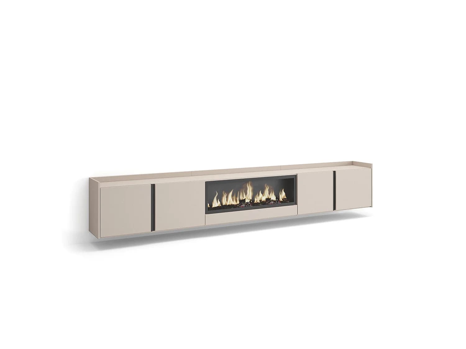 Meuble TV, Banc Télé, 315x50x35 cm, Pour les TV jusqu'à 80", Cheminée électrique XXL, Suspendu, Mural, Beige