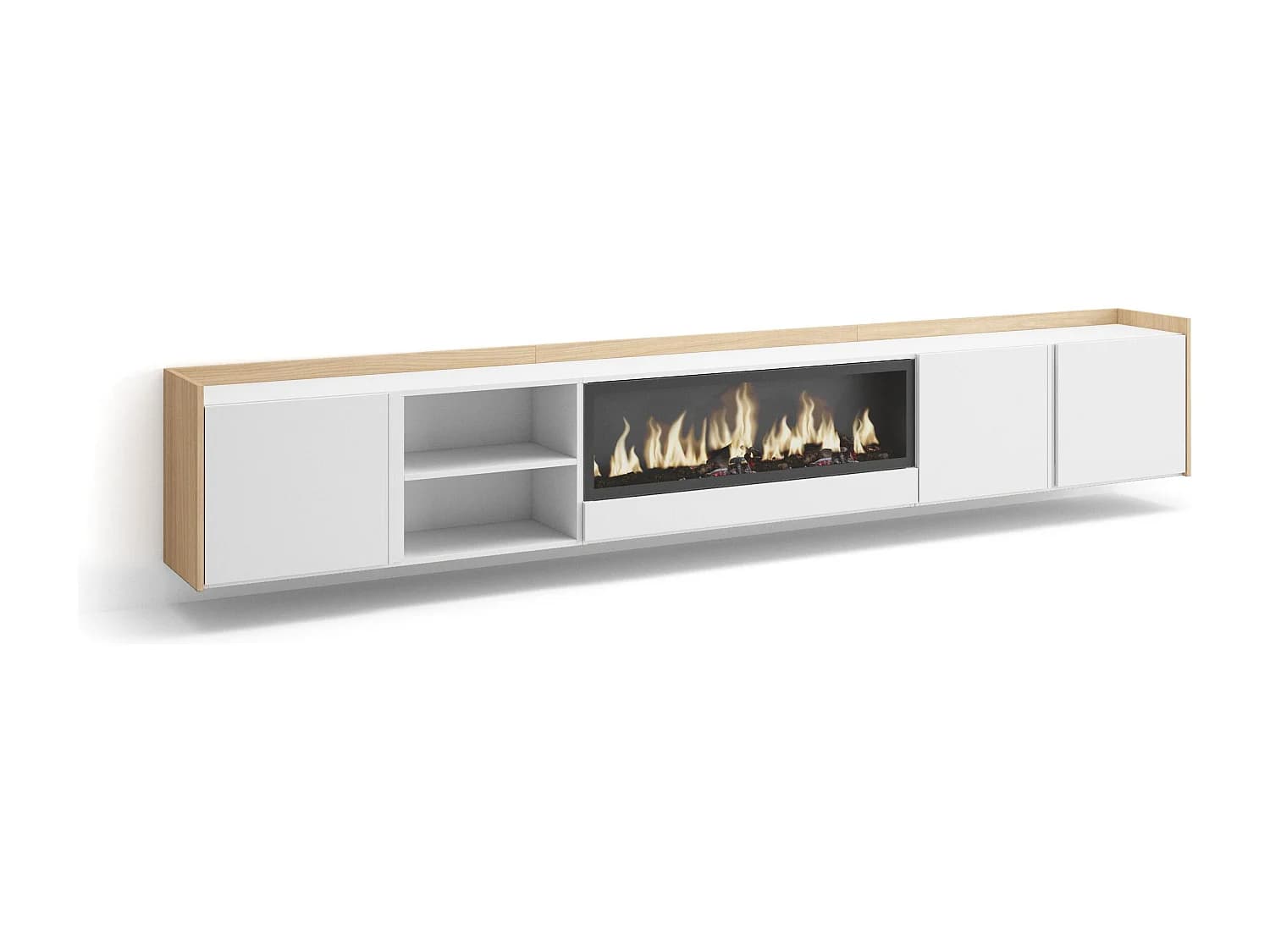 Meuble TV, Banc Télé, 315x50x35 cm, Pour les TV jusqu'à 80", Cheminée électrique XXL, Suspendu, Mural, Blanc et Chêne Soft