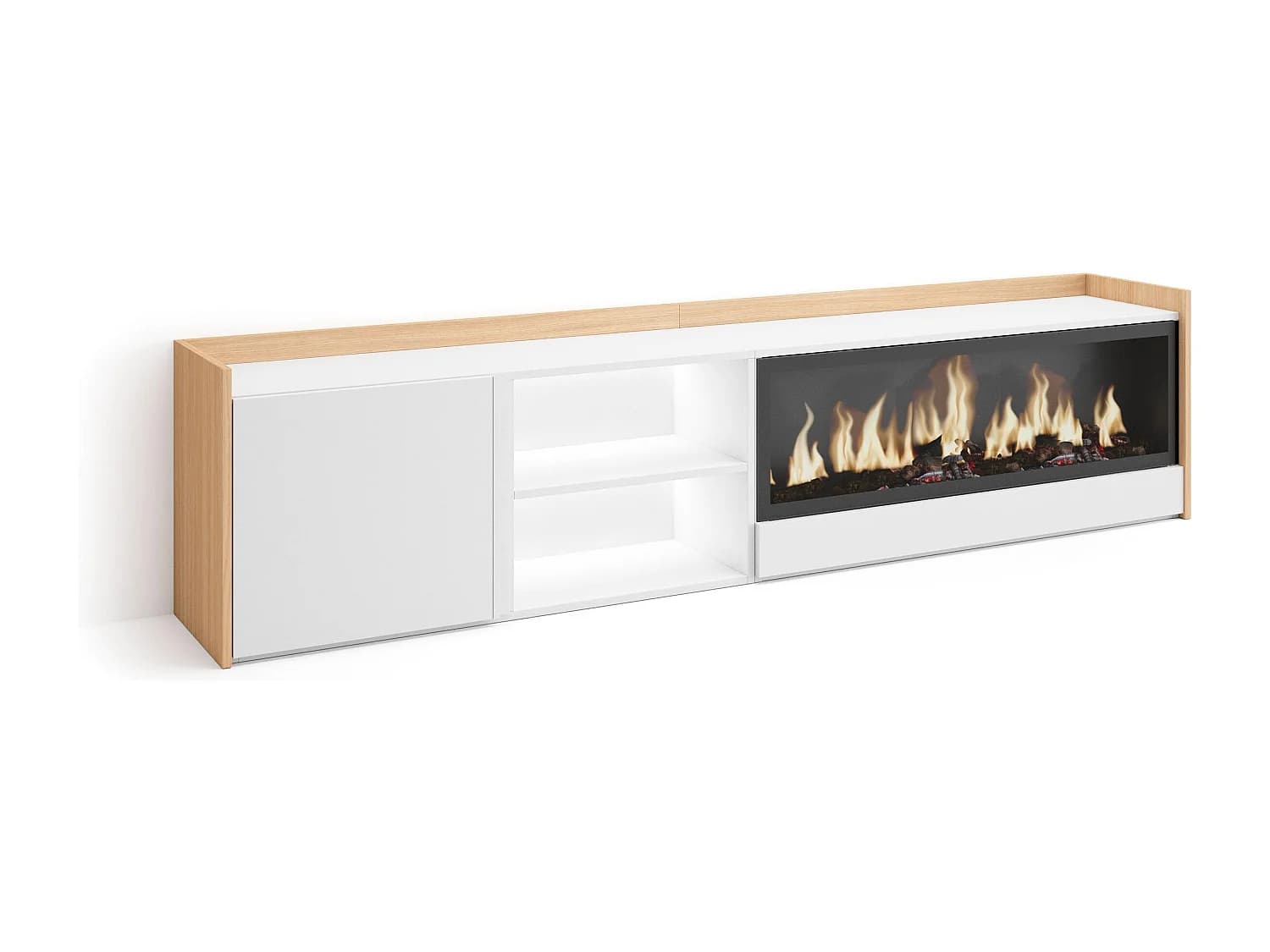 Meuble TV, Banc Télé, 212x50x35 cm, Pour les TV jusqu'à 80", Cheminée électrique XXL, LED, Blanc et Chêne Soft