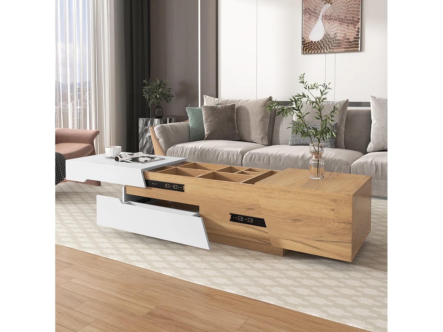 Table basse extensible avec 2 tiroirs - Design bicolore contrasté - Blanc et naturel