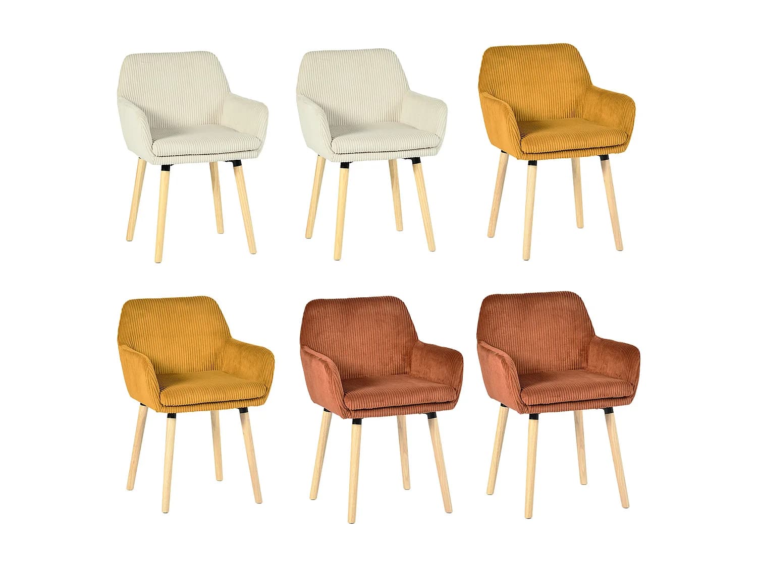 MEUBLES COSY ELIA - Lot de 6 chaises en velours côtelé beige jaune rouge style scandinave avec assise confortable et design élégant