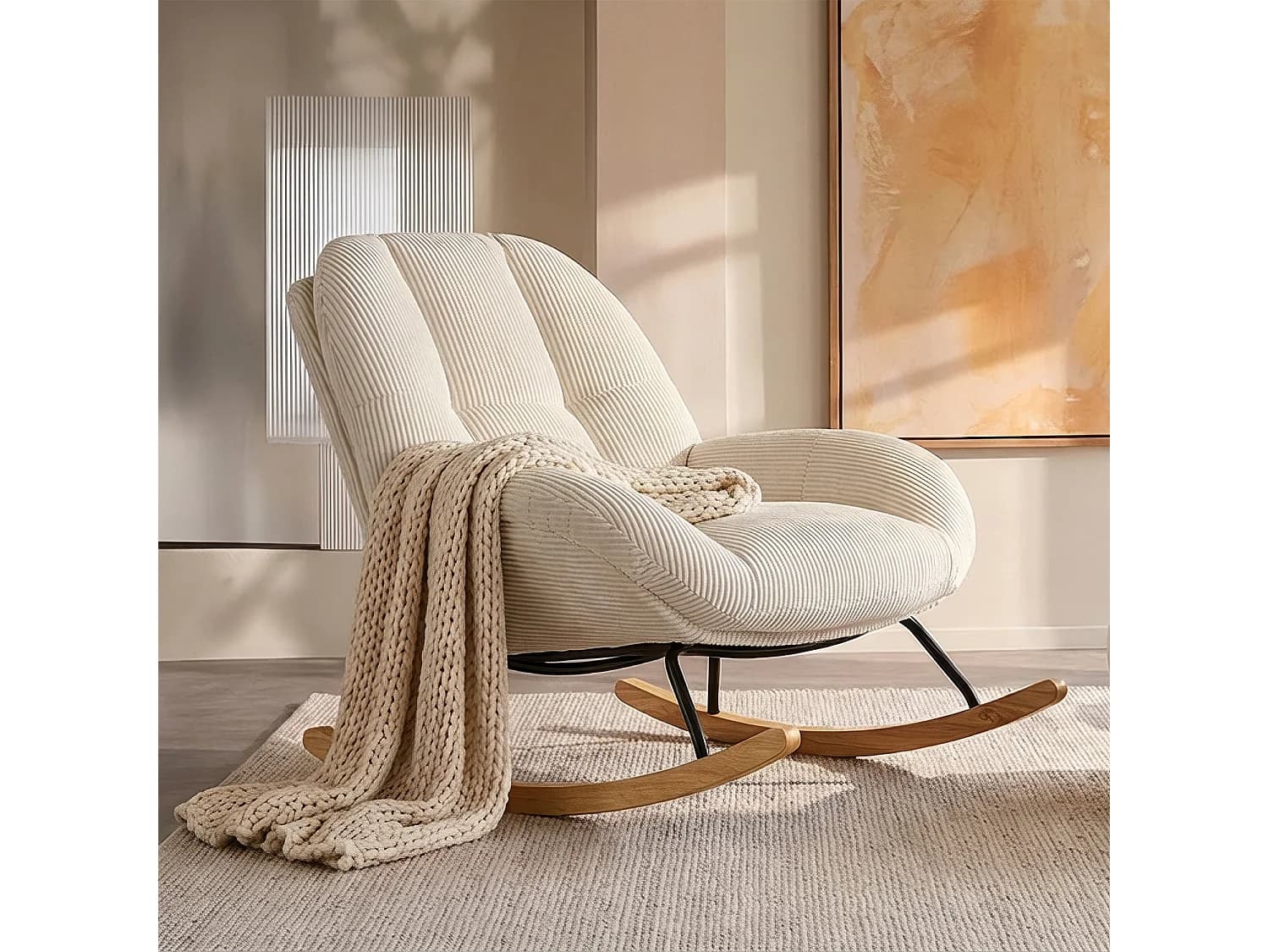 MEUBLES COSY LITHOPS - Fauteuil à bascule rocking chair scandinave en velours côtelé beige confortable
