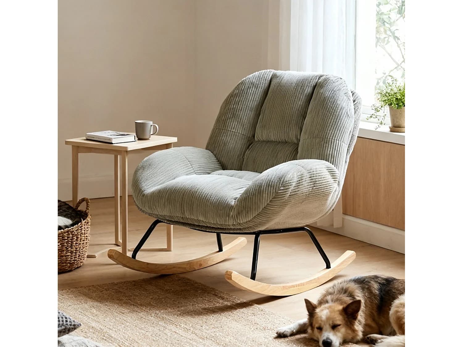 MEUBLES COSY LITHOPS - Fauteuil à bascule rocking chair scandinave en velours côtelé gris confortable