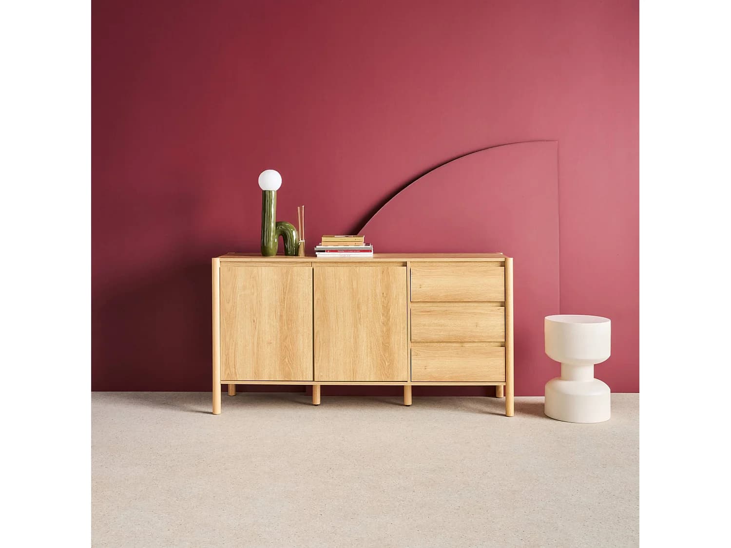 Buffet décor bois 2 portes 3 tiroirs 150cm naturel - 150 x 42 x 78.5 cm - Harmony