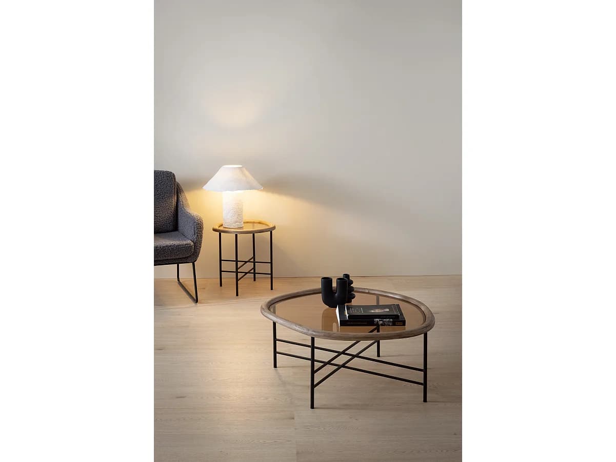 Table basse en métal et verre avec cadre en bois d'hévéa