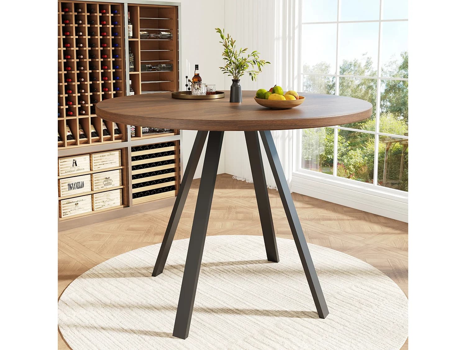 Table à manger ronde 80/80/75 cm avec plateau effet noyer MDF et métal noir