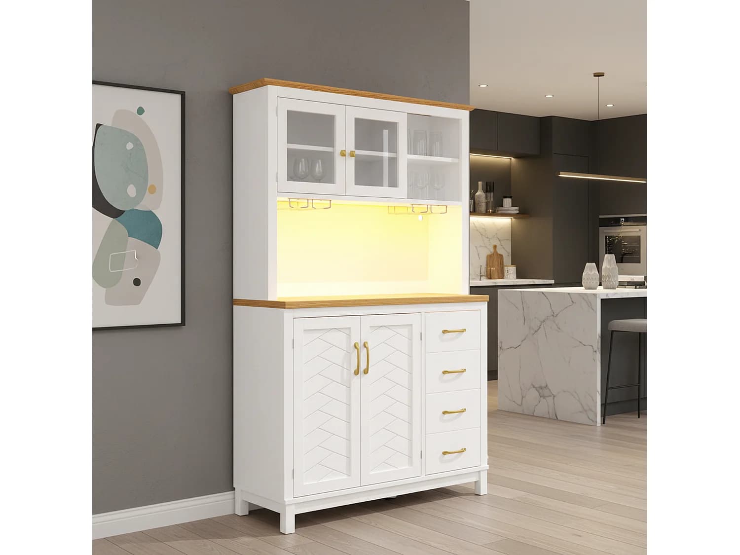 Vaisselier de cuisine effet bois et blanc vitrine design chevrons avec éclairage LED 105,5x40x180cm
