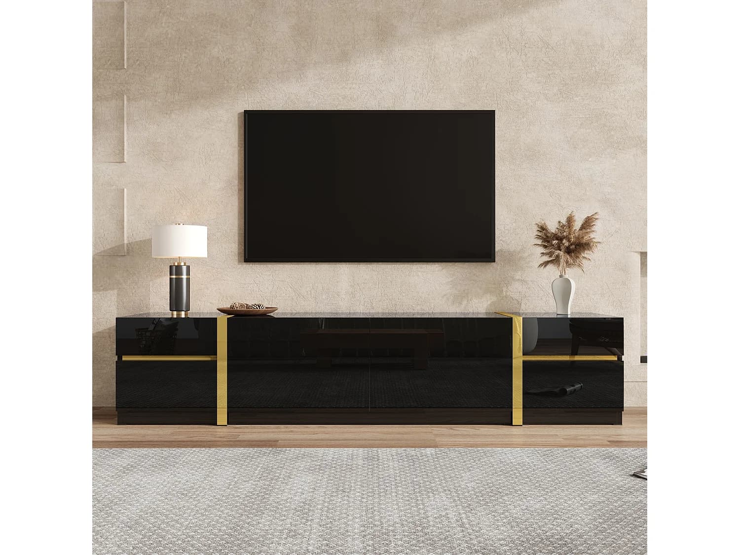 Meuble TV finition laquée brillante avec 4 tiroirs et 2 portes - Noir