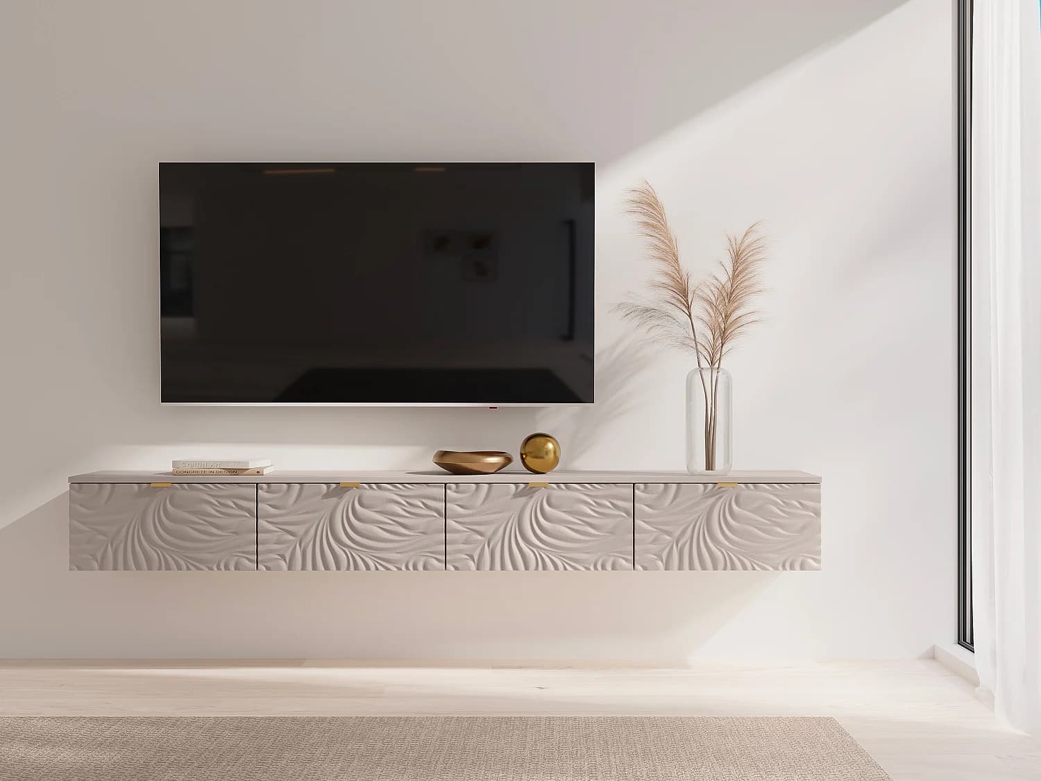 Meuble TV suspendu avec 4 portes - Beige et doré - RINAREL