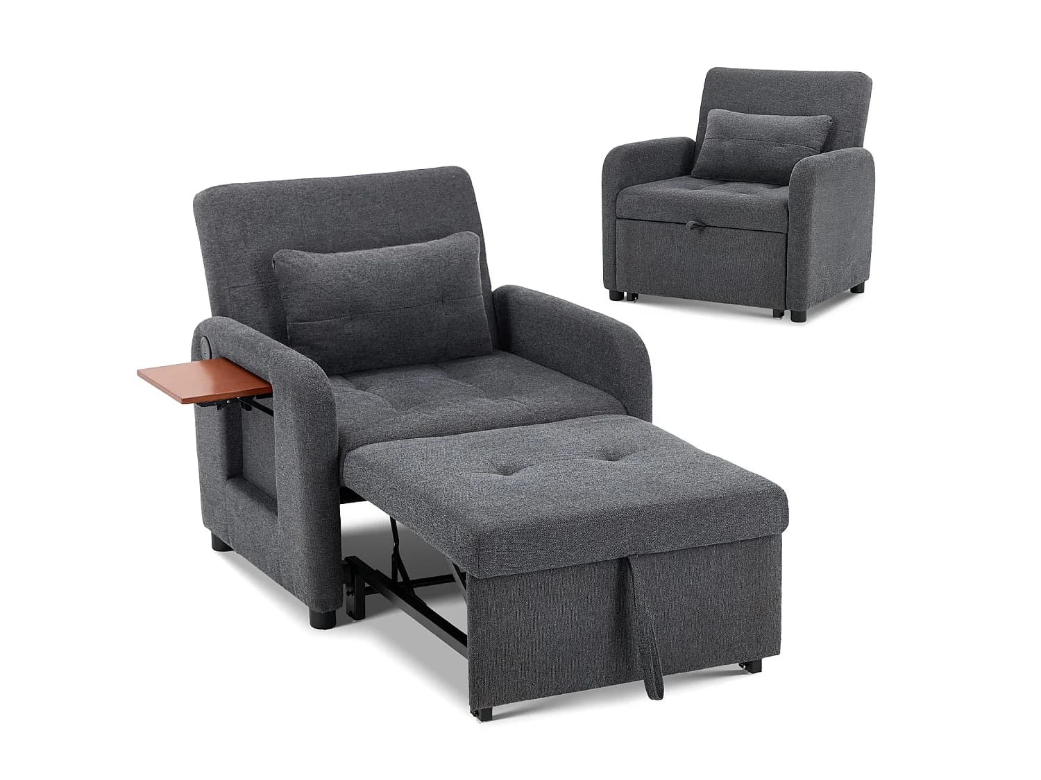 Fauteuil convertible, Canapé-lit pliable gris foncé – tissu multifonction, convertible assise/allongée, USB, table pliante, coussin, dossier réglable