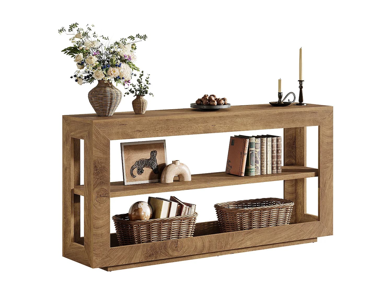 Console de 160 cm, table d'entrée de style campagnard avec étagère de rangement à 3 niveaux pour couloir
