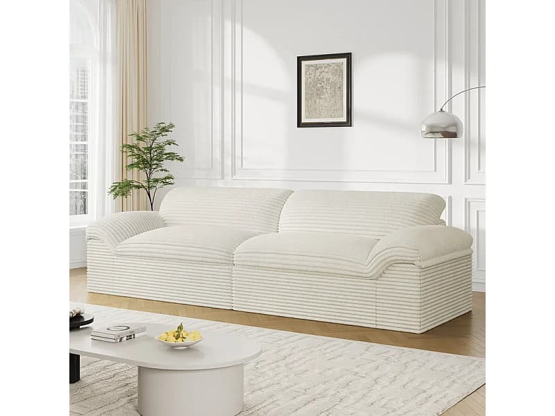 Canapé 3/4 places modulable en velours côtelé grosses côtes - 260x103x80cm - Beige