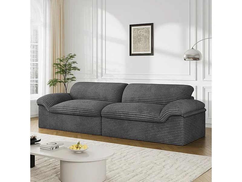 Canapé 3/4 places modulable en velours côtelé grosses côtes - 260x103x80cm - Gris