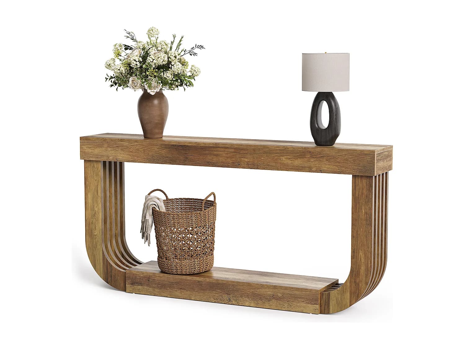 Console extra longue et étroite de 180 cm, grande table d'entrée/de hall à 2 niveaux, marron rustique, avec piétement robuste en forme de U