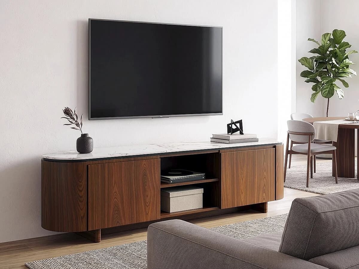 Meuble TV en bois avec plateau en céramique "Stonea" - 200 x 40 x 55 cm - Marron
