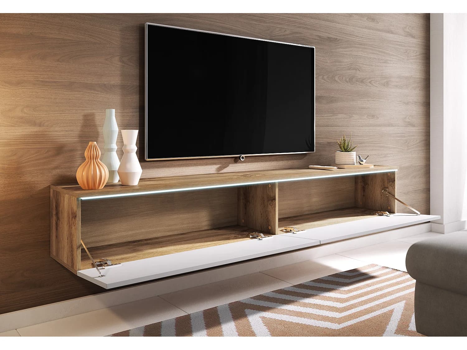 Meuble TV LOWBOARD D 140 cm, meuble de televisión, meuble de séjour, sans éclairage LED, couleur wotan/blanc brillant