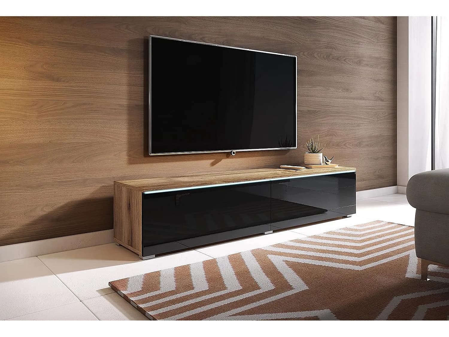 Meuble TV LOWBOARD D 140 cm, meuble de televisión, meuble de séjour, avec éclairage LED, couleur wotan/noir brillant