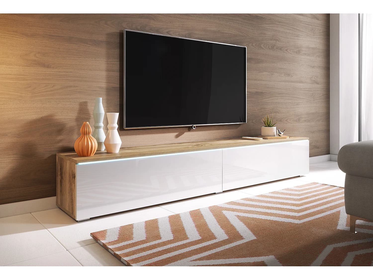 Meuble TV LOWBOARD D 180 cm, meuble de televisión, meuble de séjour, sans éclairage LED, couleur wotan/blanc brillant