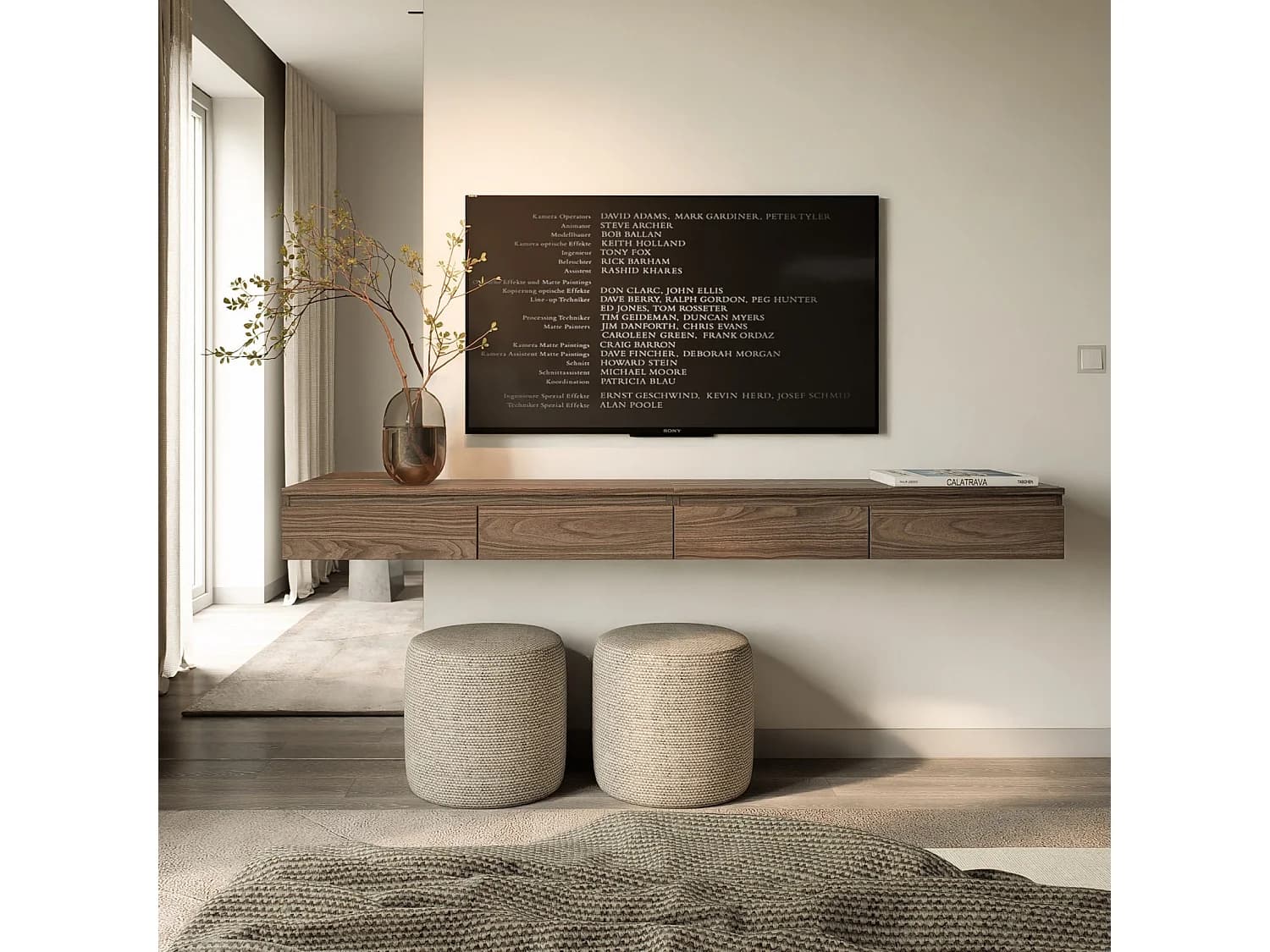 Meuble TV 4 portes – aspect bois noyer Wisconsin – 200 cm – BEMMI SLIM