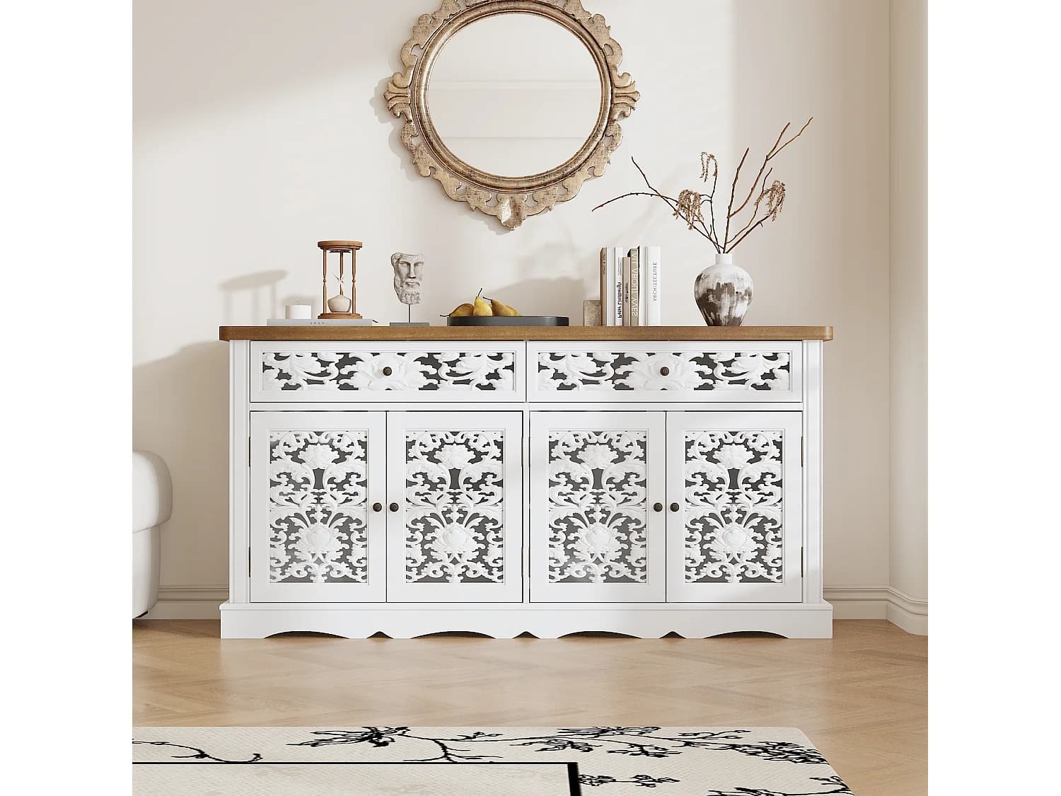 Buffet bas avec 2 tiroirs et 4 portes - 3 niveaux, sculpté et ajouré, salon, 160x40x80, Blanc