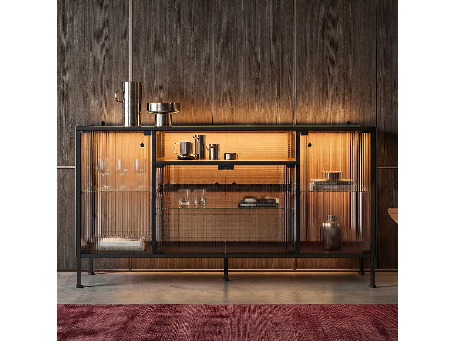 Buffet vitré à LED 3 couleurs, 4 portes et compartiments - 3 étagères, 140x40x80, Noir