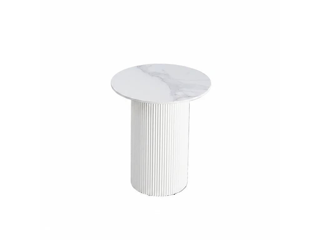 Guéridon bout de canapé rond marbre blanc pied beige