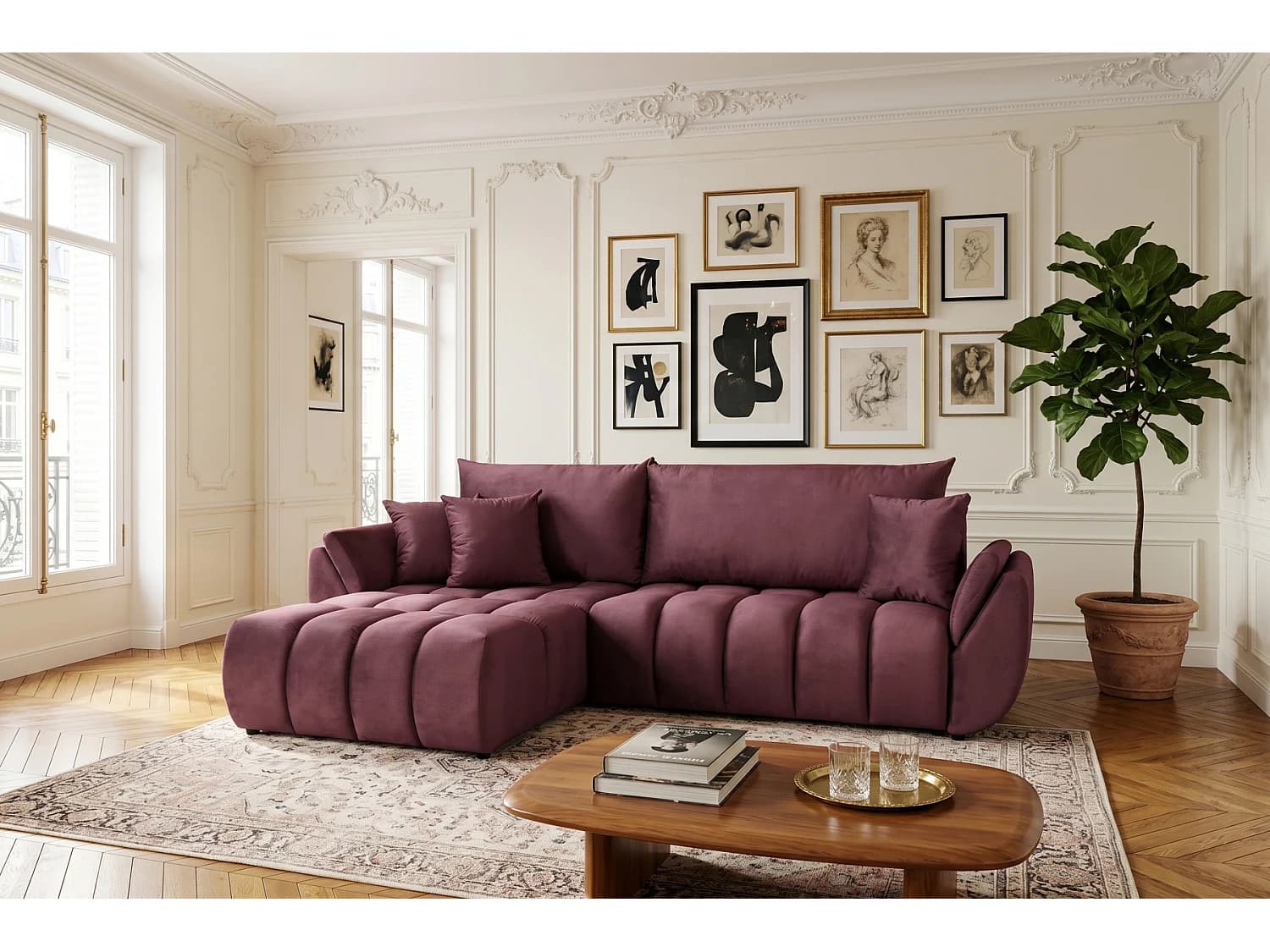 Canapé d'angle modulable avec fonction couchage Oti, Monolith prune (69)