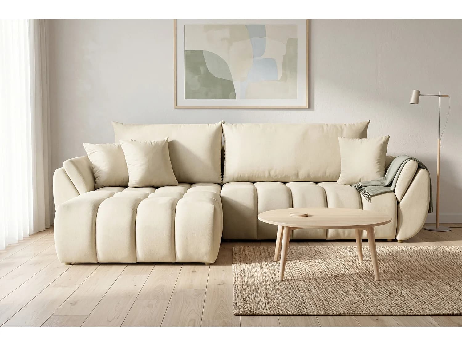 Canapé d'angle modulable avec fonction couchage Oti, Monolith beige (02)
