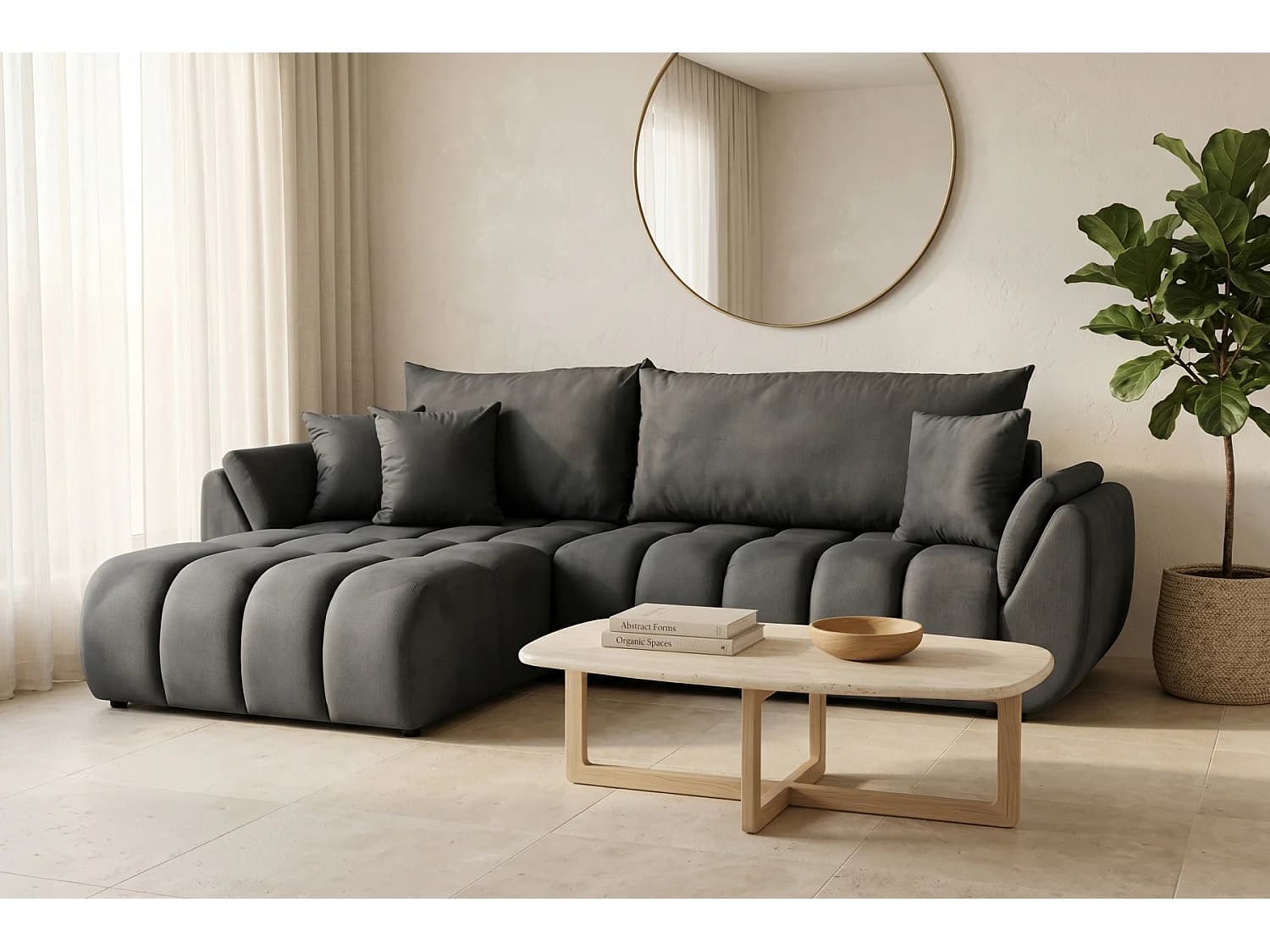 Canapé d'angle modulable avec fonction couchage Oti, Monolith gris (95)