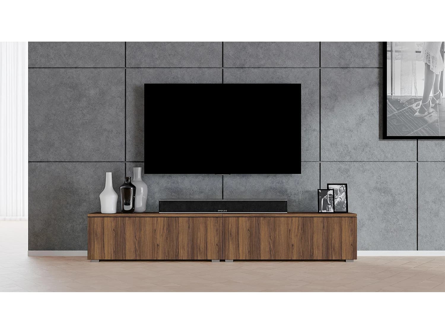 AX LIVING Meuble TV Loriano 200 cm – Lowboard sur pied noyer Warmia
