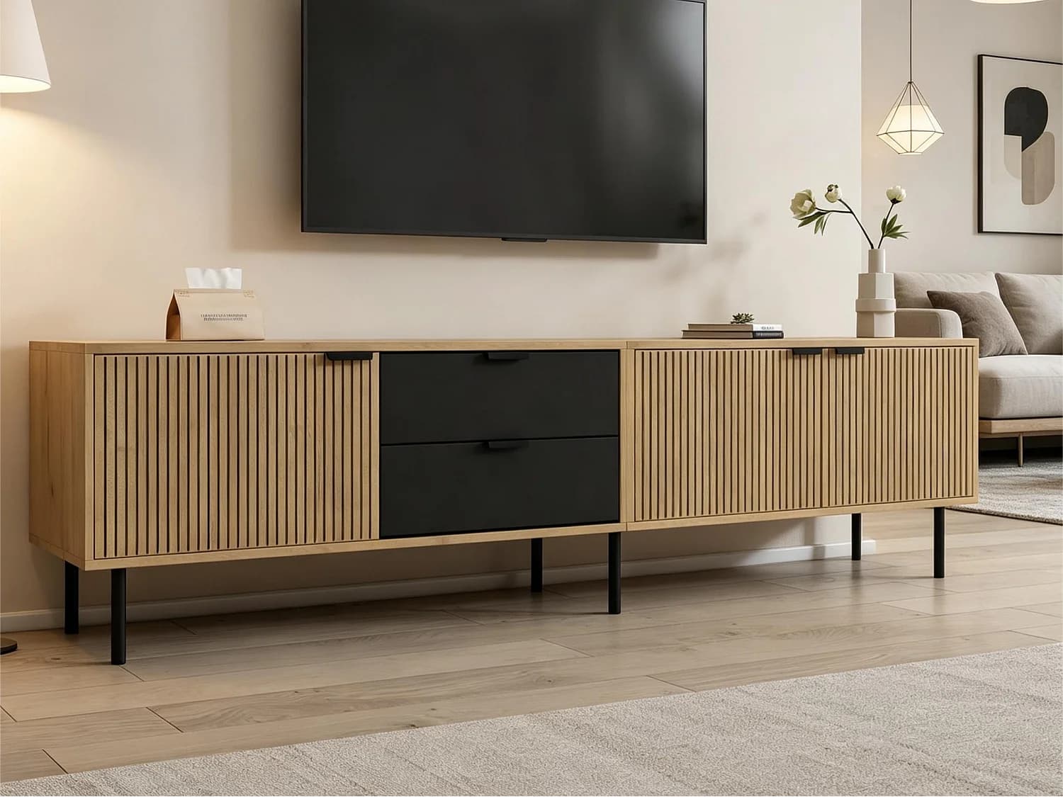 Meuble TV moderne 208x40x48 cm - 3 portes et 2 tiroirs - Convient aux TV jusqu'à 85 pouces - Naturel+ Noir