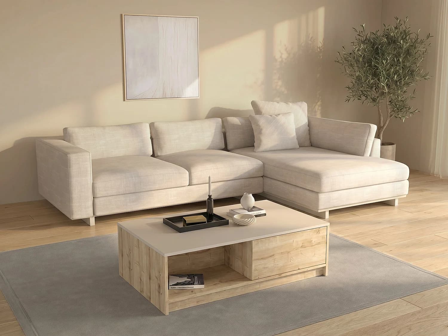 Table basse avec 2 tiroirs et 2 niches - Naturel clair et Beige - ZEFYNA