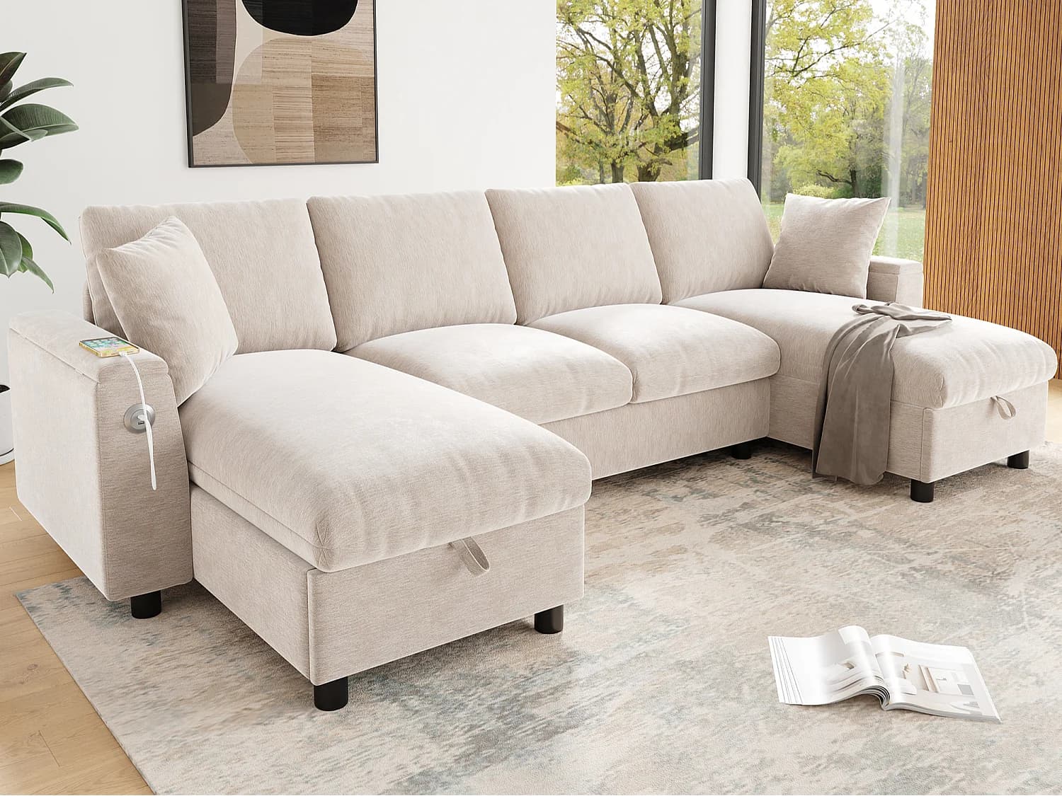 Canapé d'angle moderne en chenille - avec espace de rangement - avec 1 port USB et 1 port USB-C - Beige
