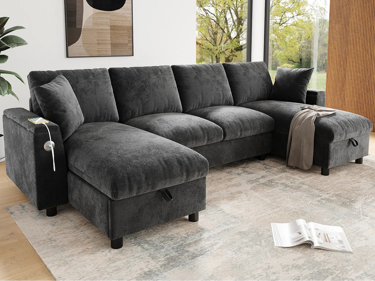 Canapé d'angle moderne en chenille - avec espace de rangement - avec 1 port USB et 1 port USB-C - Gris
