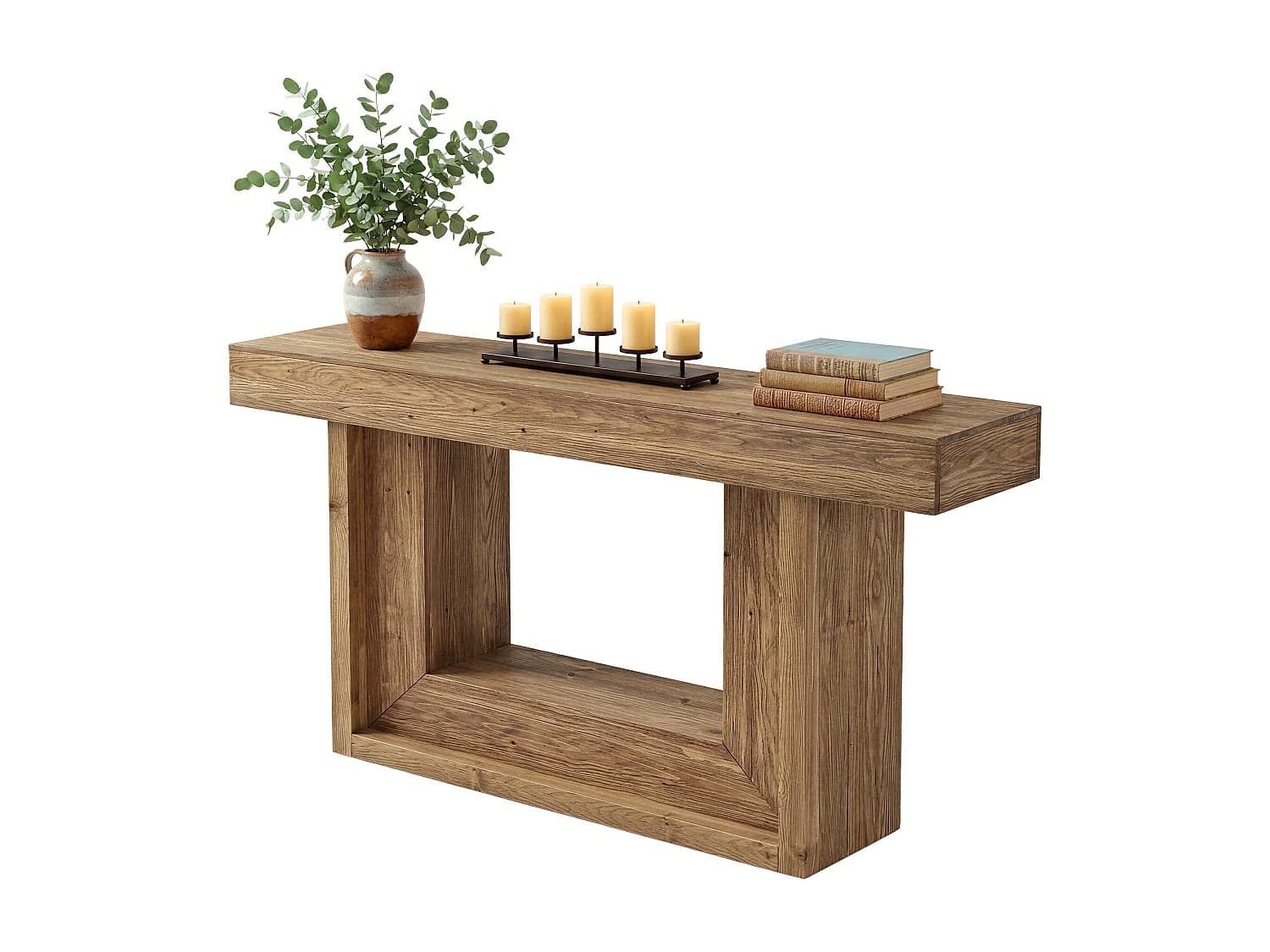 Console en bois massif, 160 cm, style ferme, avec étagère de rangement ouverte.