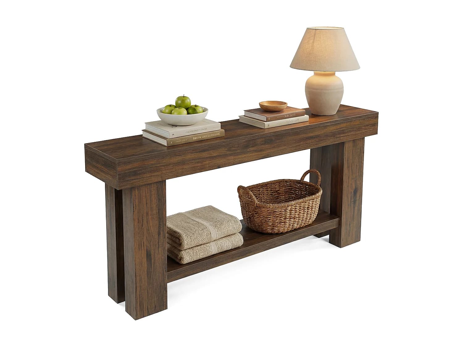 Console à deux niveaux, table d'appoint de 160 cm à placer derrière un canapé, style industriel, avec étagère de rangement