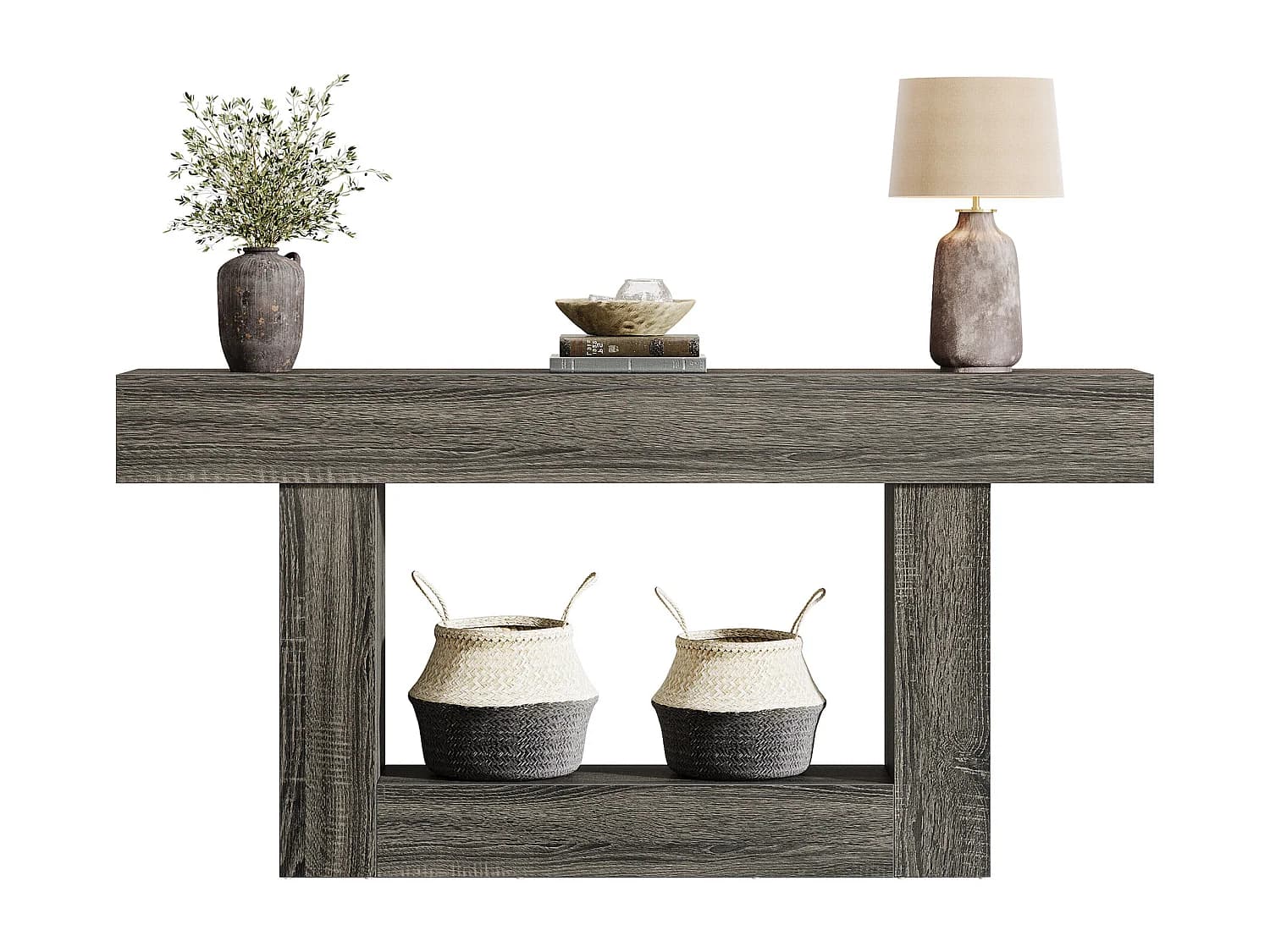 Console de 160 cm, style campagnard, à deux niveaux, avec piètement en U, grise