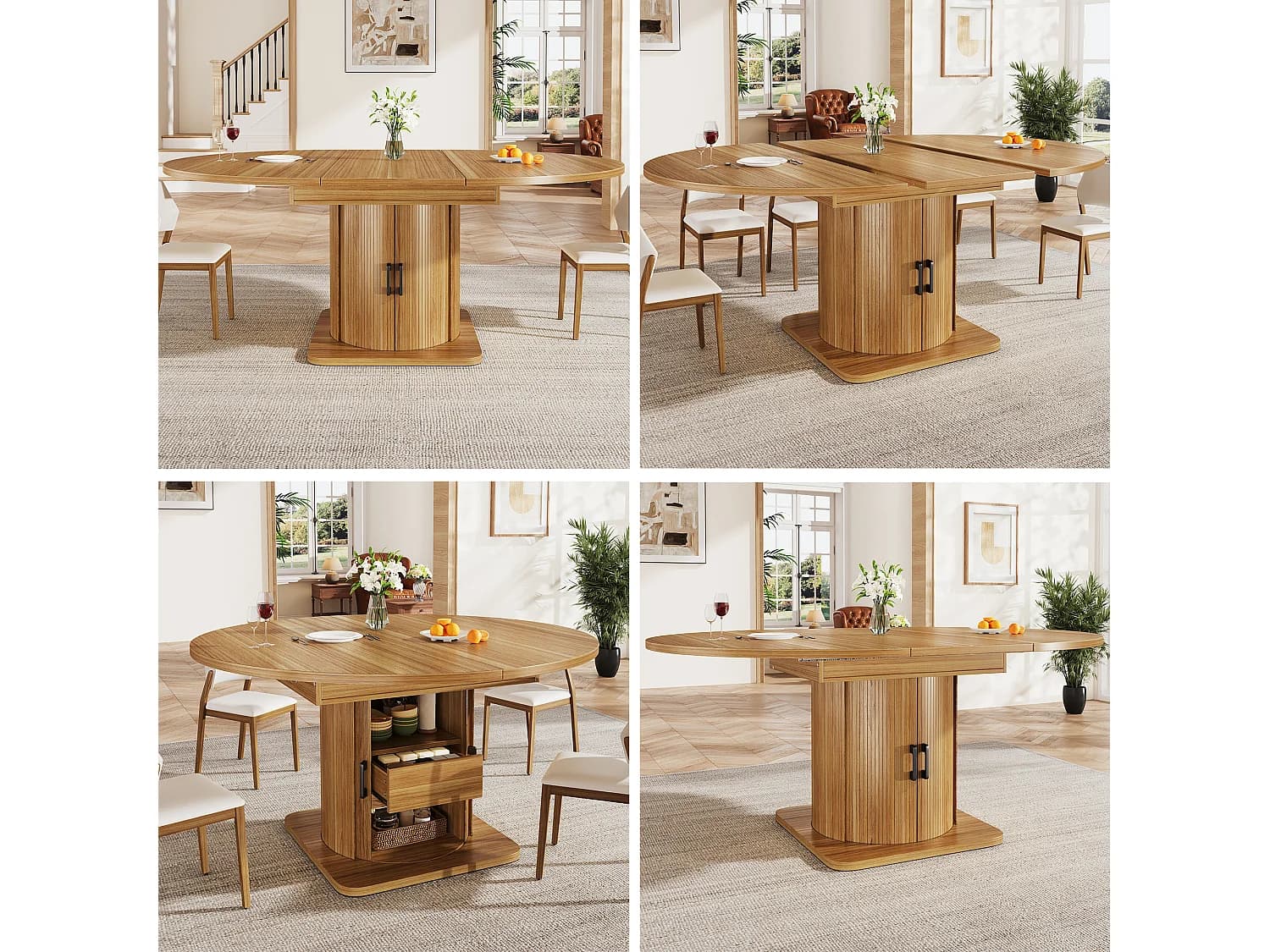 Table de salle à manger extensible - 118-158 x 118 x 76 cm - avec portes + tiroirs - MDF - naturel foncé