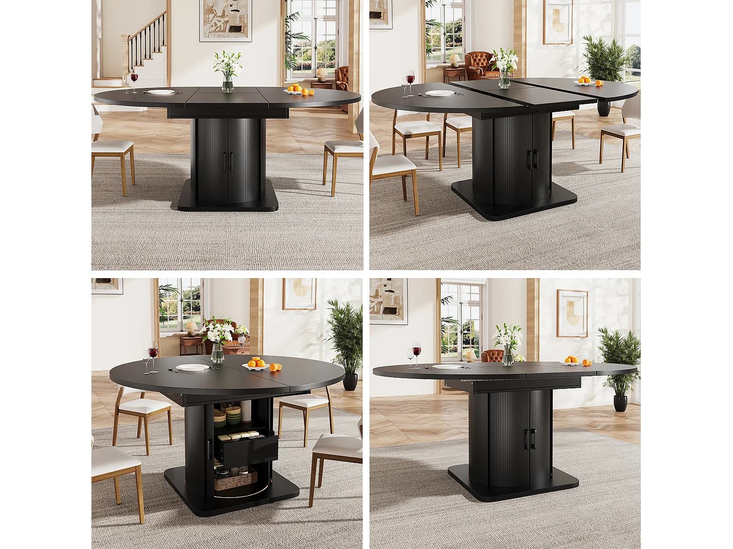 Table de salle à manger extensible - 118-158 x 118 x 76 cm - avec portes + tiroirs - MDF - noir