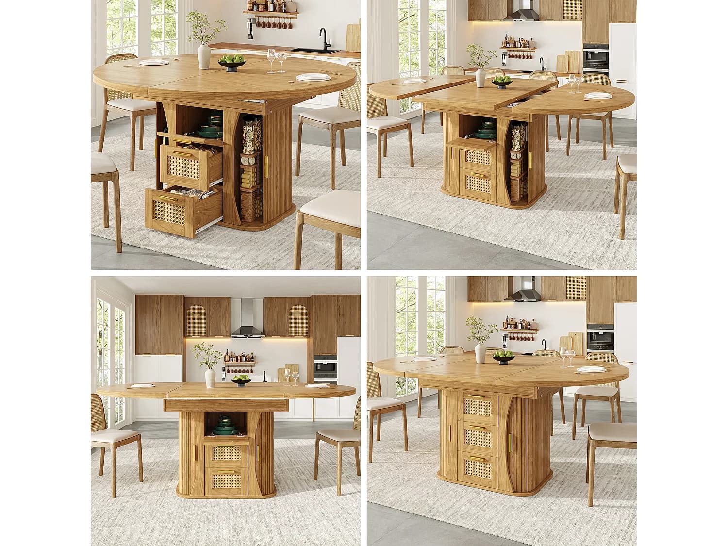 Table à manger extensible - 118/158 x 118 x 77.1 cm - avec portes + tiroirs en rotin - MDF - naturel