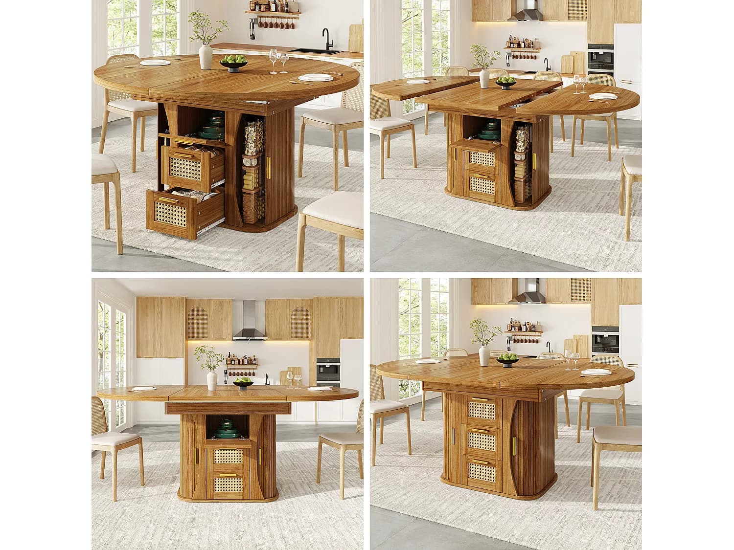 Table à manger extensible - 118/158 x 118 x 77.1 cm - avec portes + tiroirs en rotin - MDF - marron