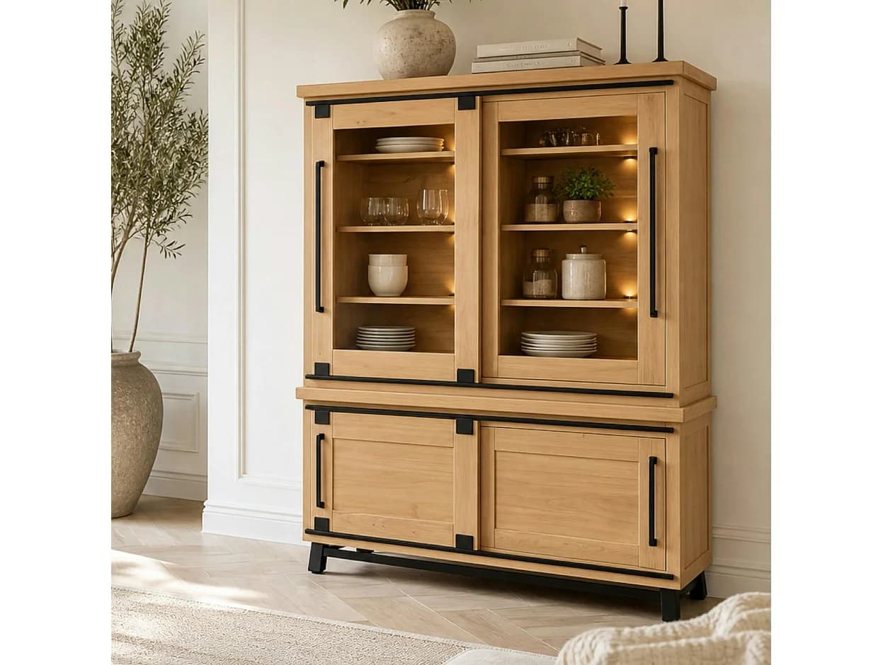 Vitrine chêne clair portes coulissantes et LED 185 cm ALPINE