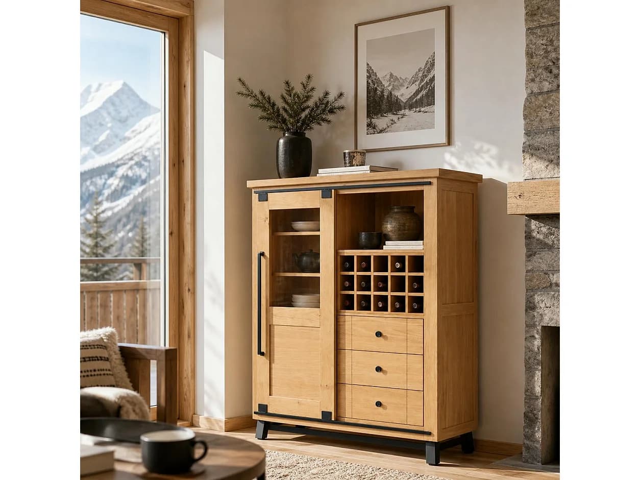Buffet bar chêne clair avec casier bouteilles ALPINE