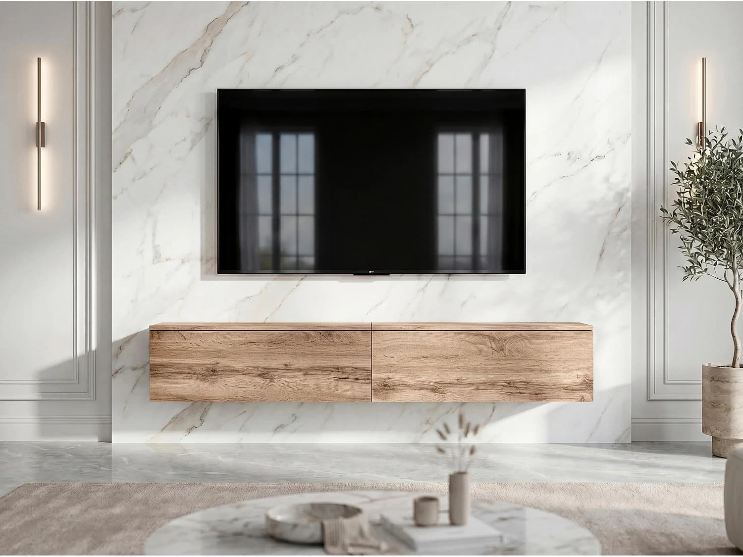 AX LIVING Meuble TV Barvo 2x100 cm Marron Chêne Wotan Suspendu