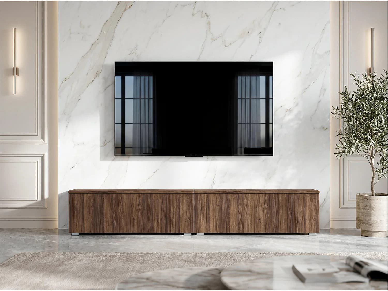 AX LIVING Meuble TV Barvo 2x100 cm Marron Foncé Noyer Warmia Sur Pieds