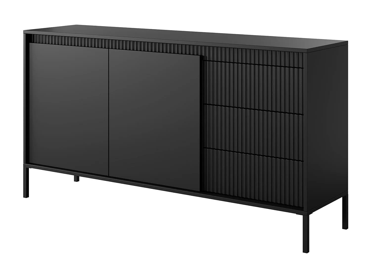Commode 2 portes Santori - commode noir 155 cm sur pieds, 3 tiroirs