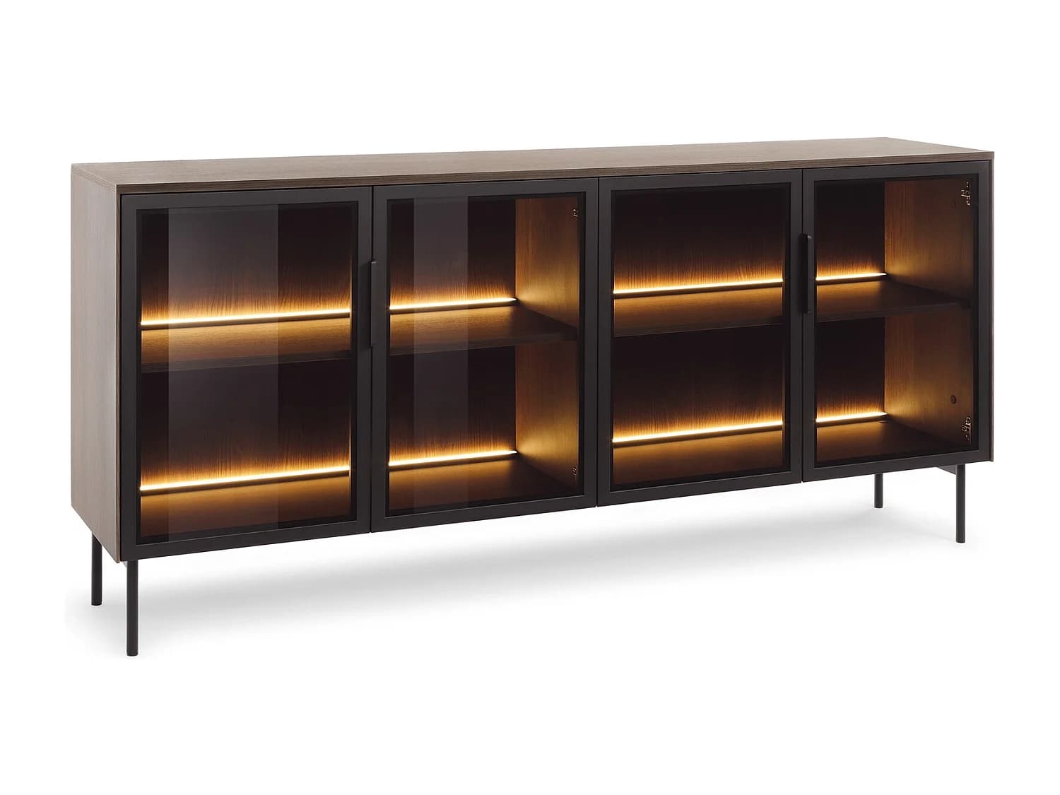 Commode sur pieds 180 cm Senzia avec LED - buffet pour le salon, 4 portes en verre - chêne Dunin
