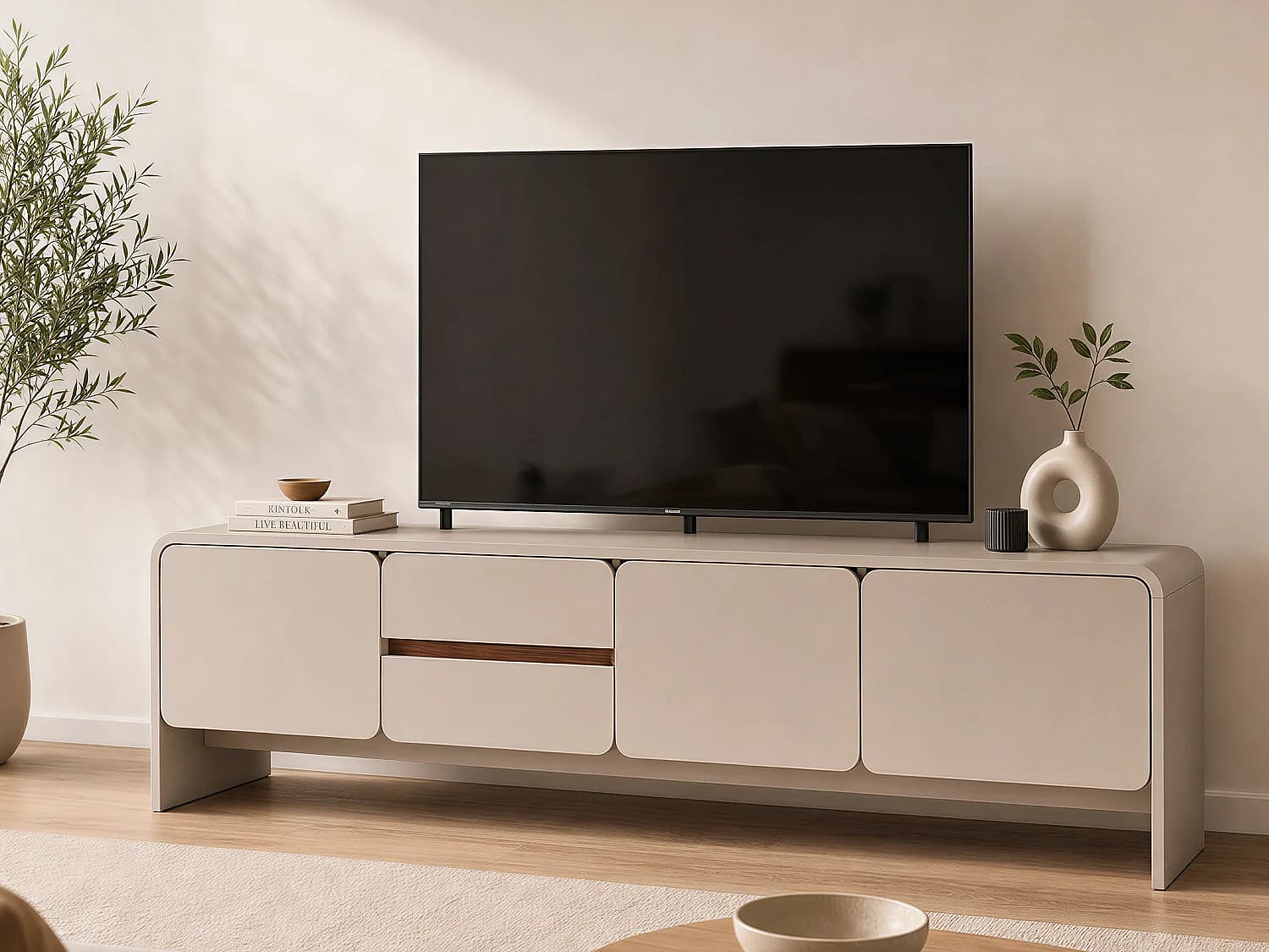 Meuble TV avec 3 portes et 2 tiroirs - Beige et naturel foncé - DYSARA