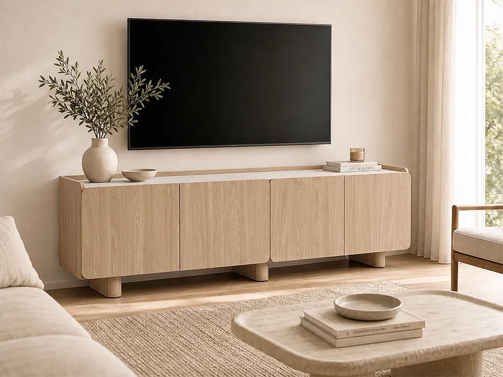 Meuble TV avec 4 portes - Naturel clair et beige - NOZYLO