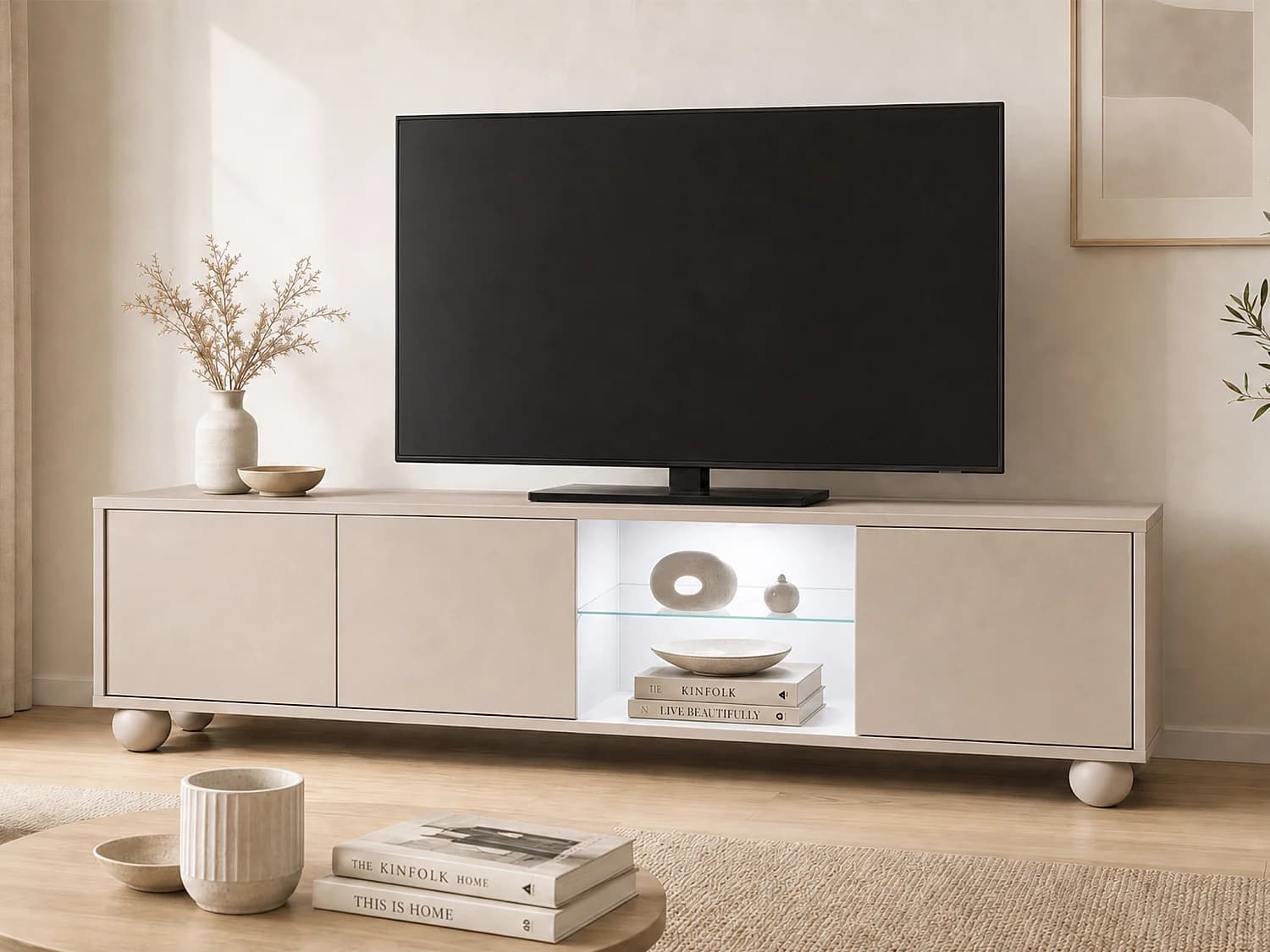 Meuble TV 3 portes et 2 niches avec LEDs - Beige - MYVARO